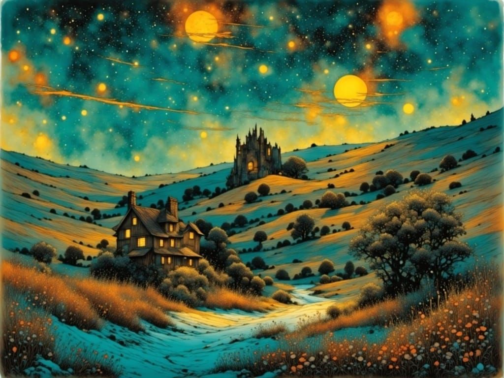 Snowy Night Scene with a Cozy House and Lonely Hiker in a No...