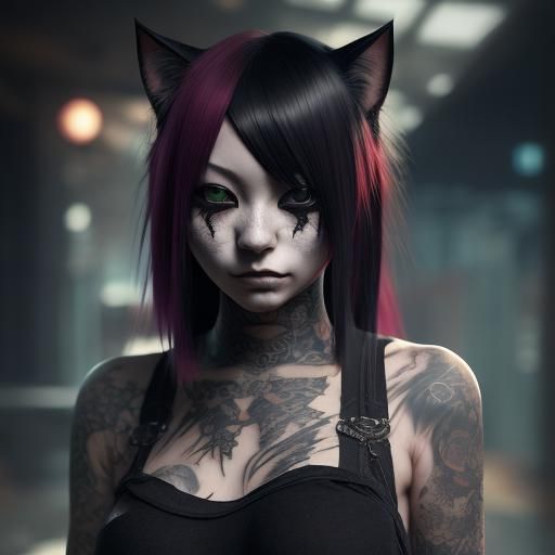 Emo Japanese Cat Girl with Dark Tattoos