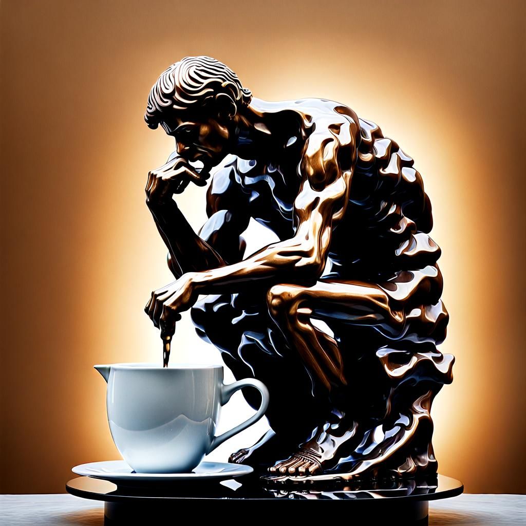 The Thinker Poured from Coffee Pot: Surreal Image