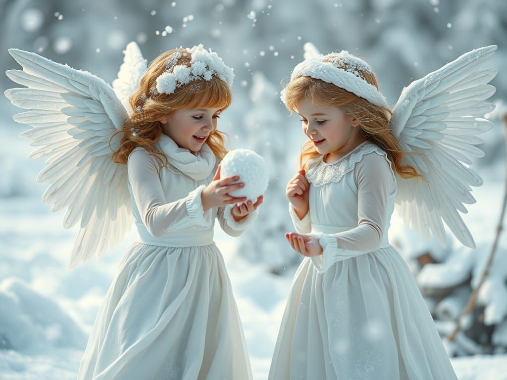 Angelic Figures in Joyful Snowball Fight