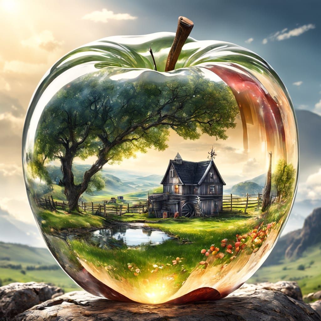 Rural Landscape Inside Crystal Apple, Macro Photography