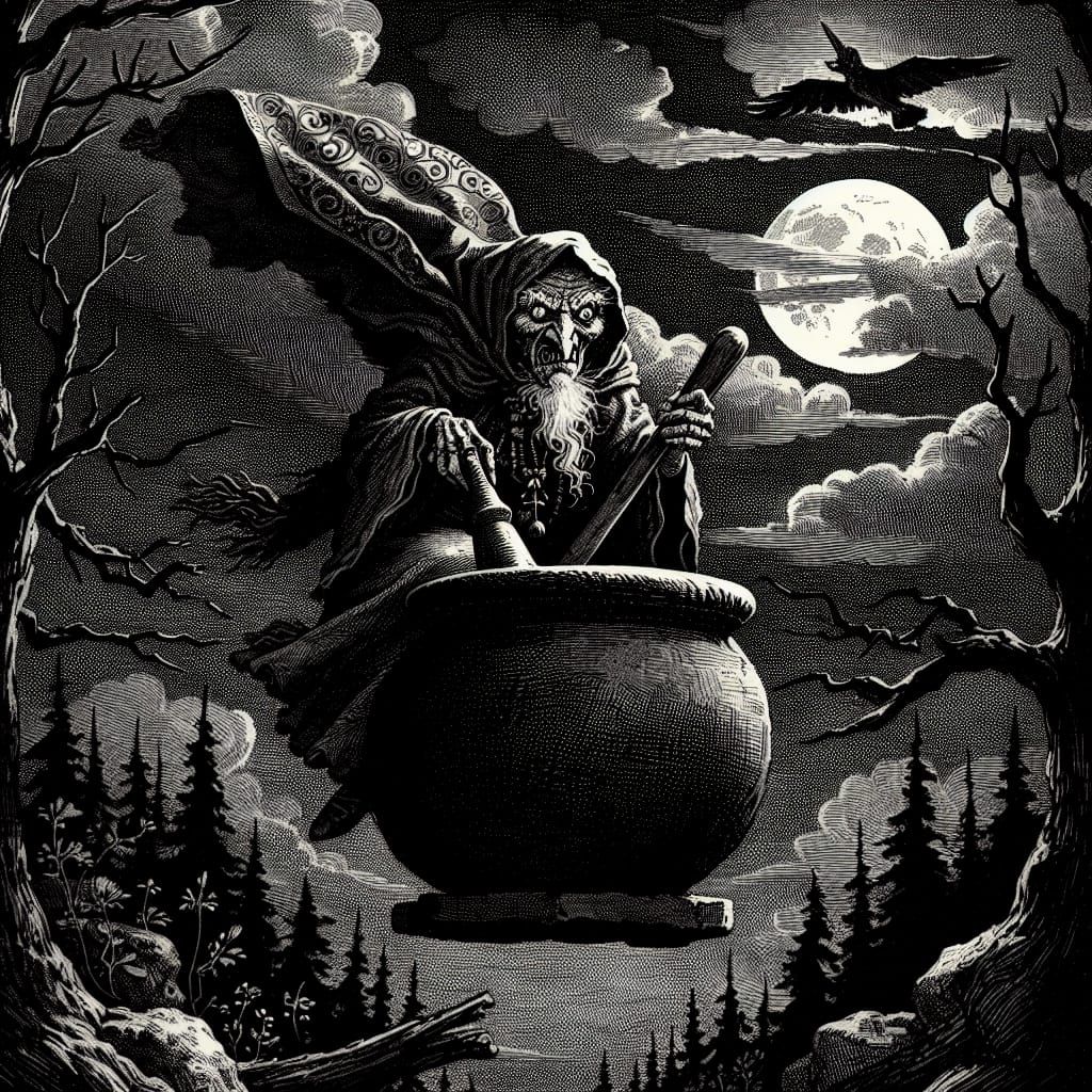 Baba Yaga Soaring Through the Night: Doré-esque Illustration