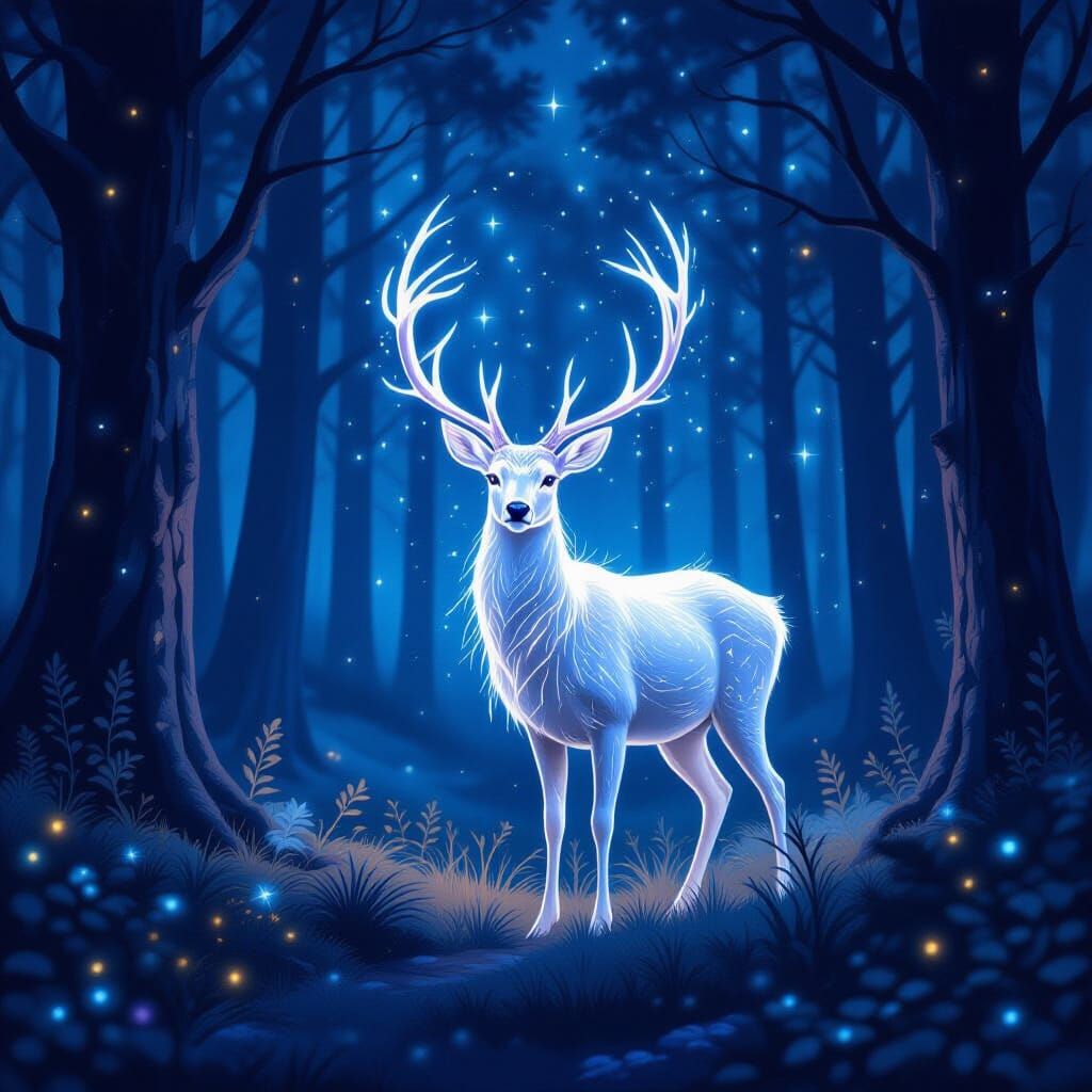 Mystical Deer in Enchanted Forest at Night