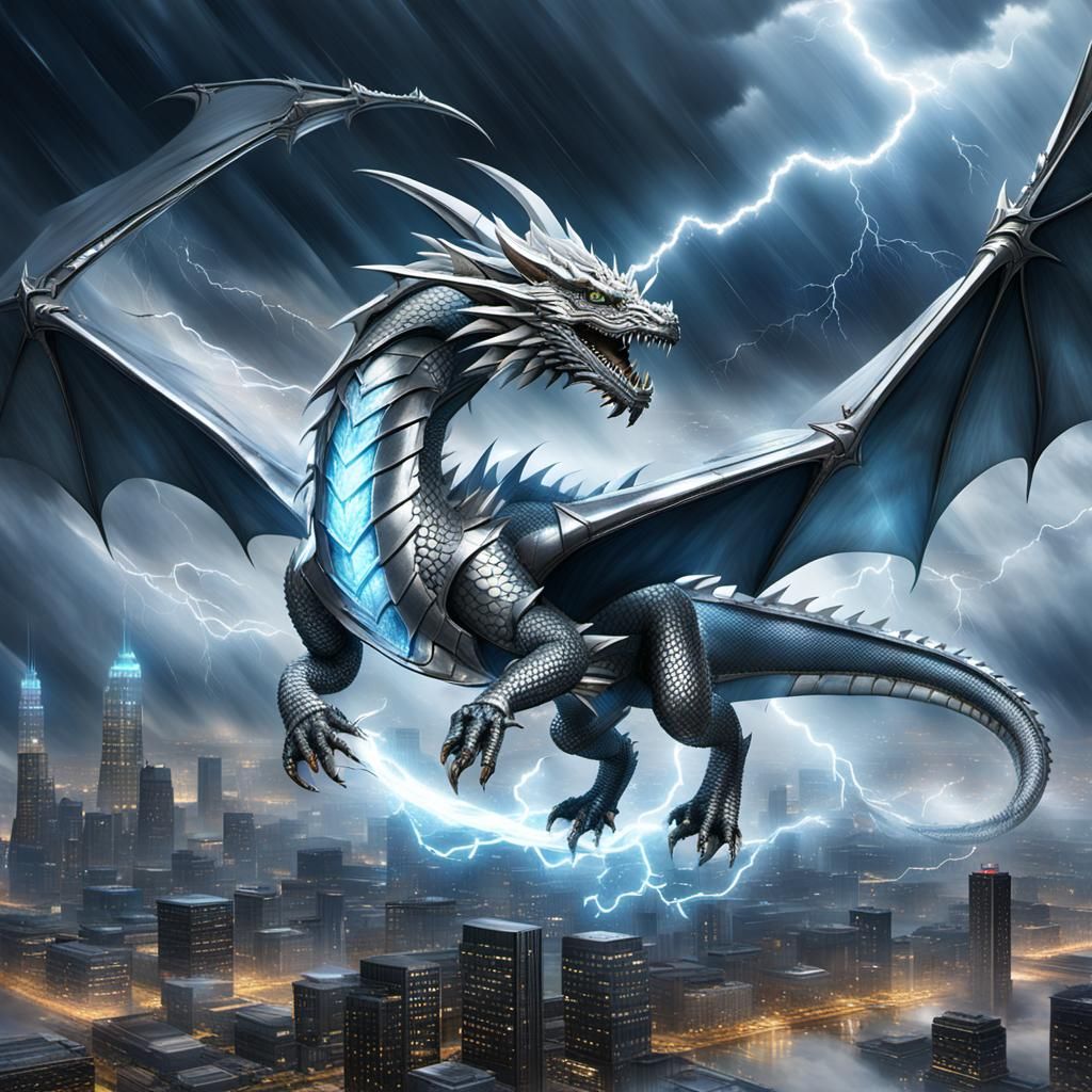 Metallic Dragon Soaring Over Futuristic City