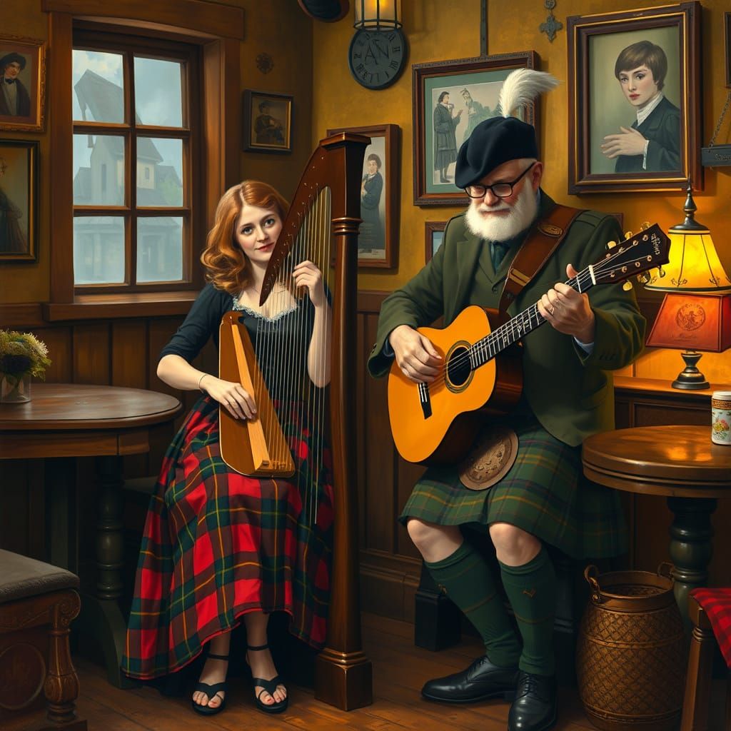Scottish Musicians in Cozy Pub, Folk Art Style