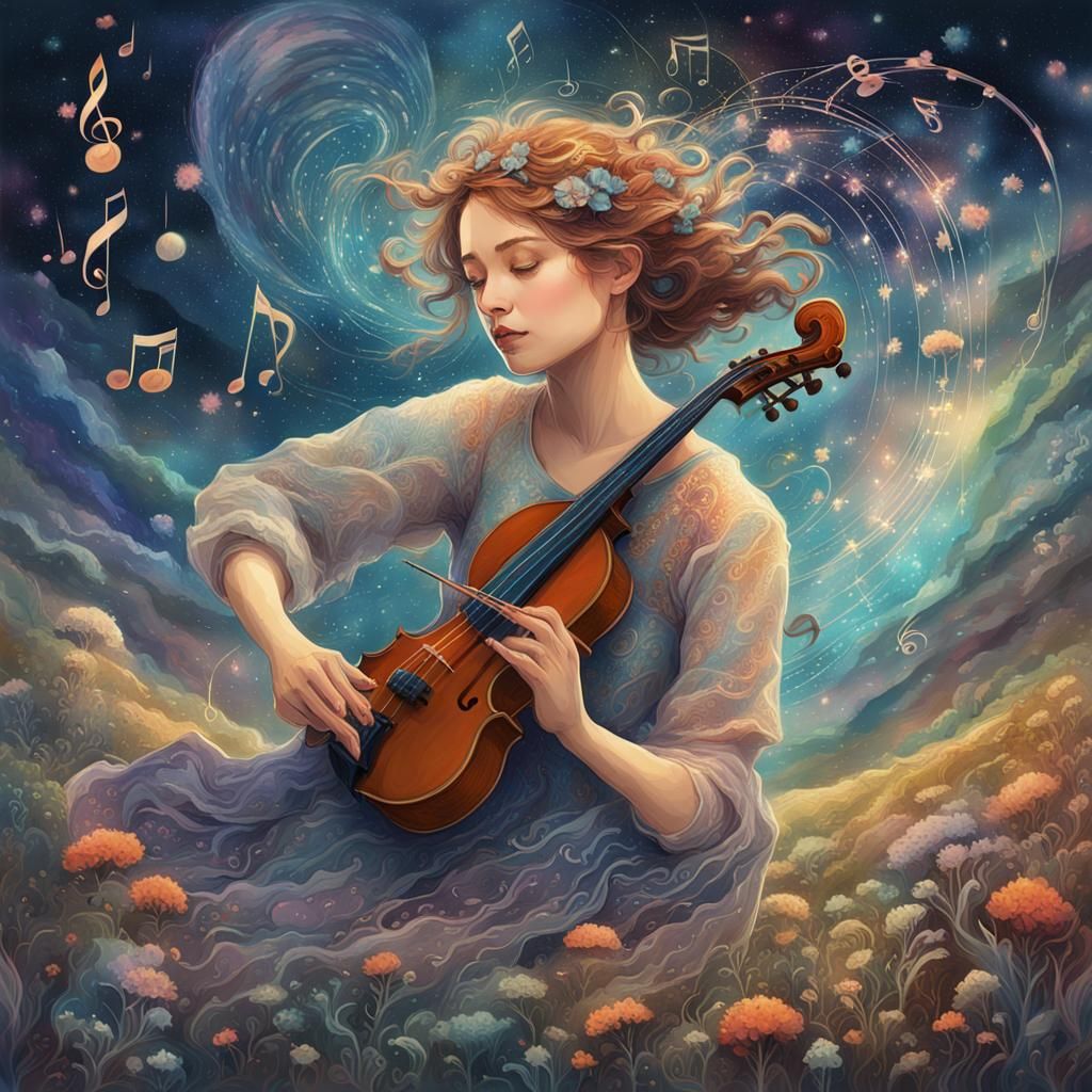 Woman Playing Music in Nebula Meadow, Digital Art