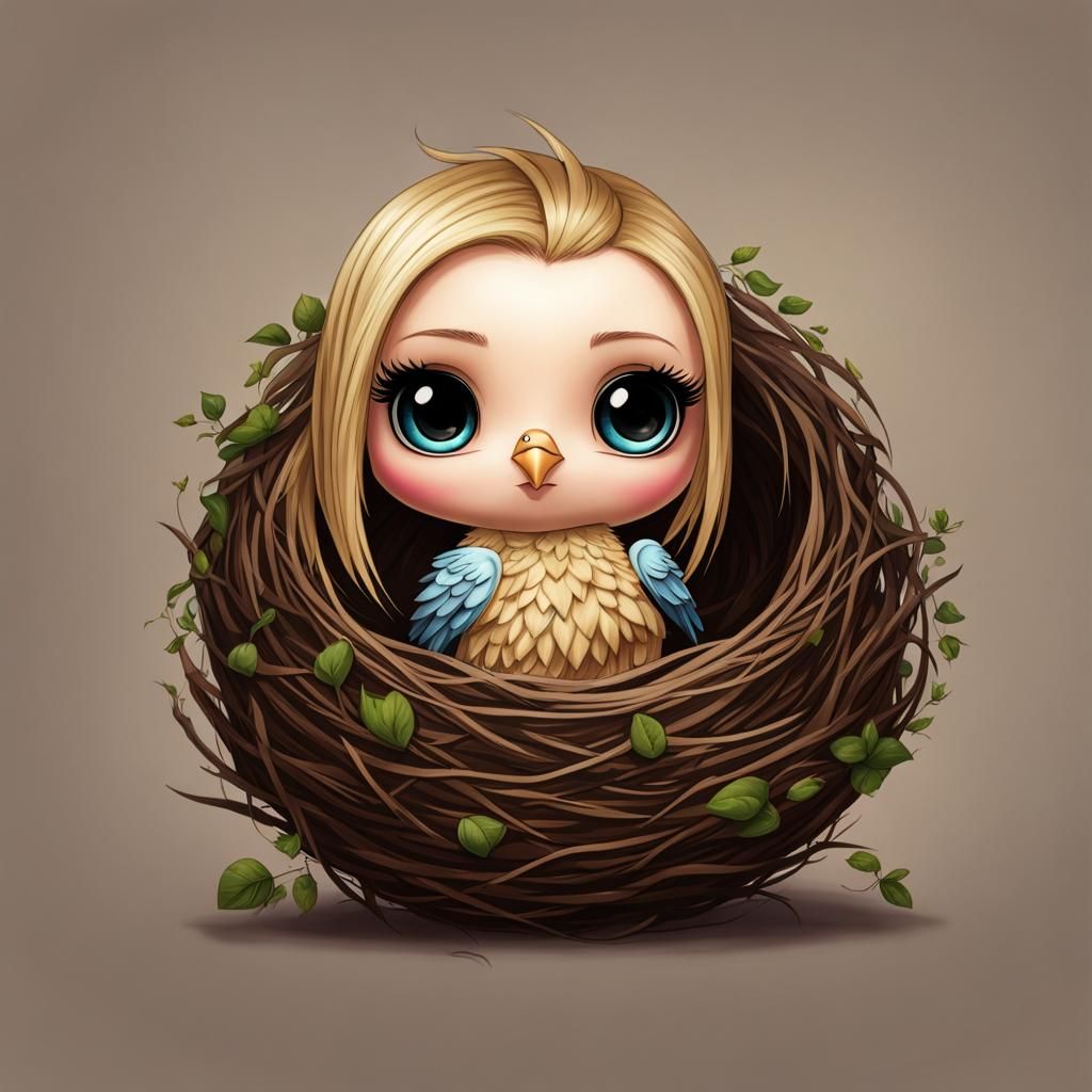 Hyperrealistic Chibi Avril Lavigne Bird in Nest