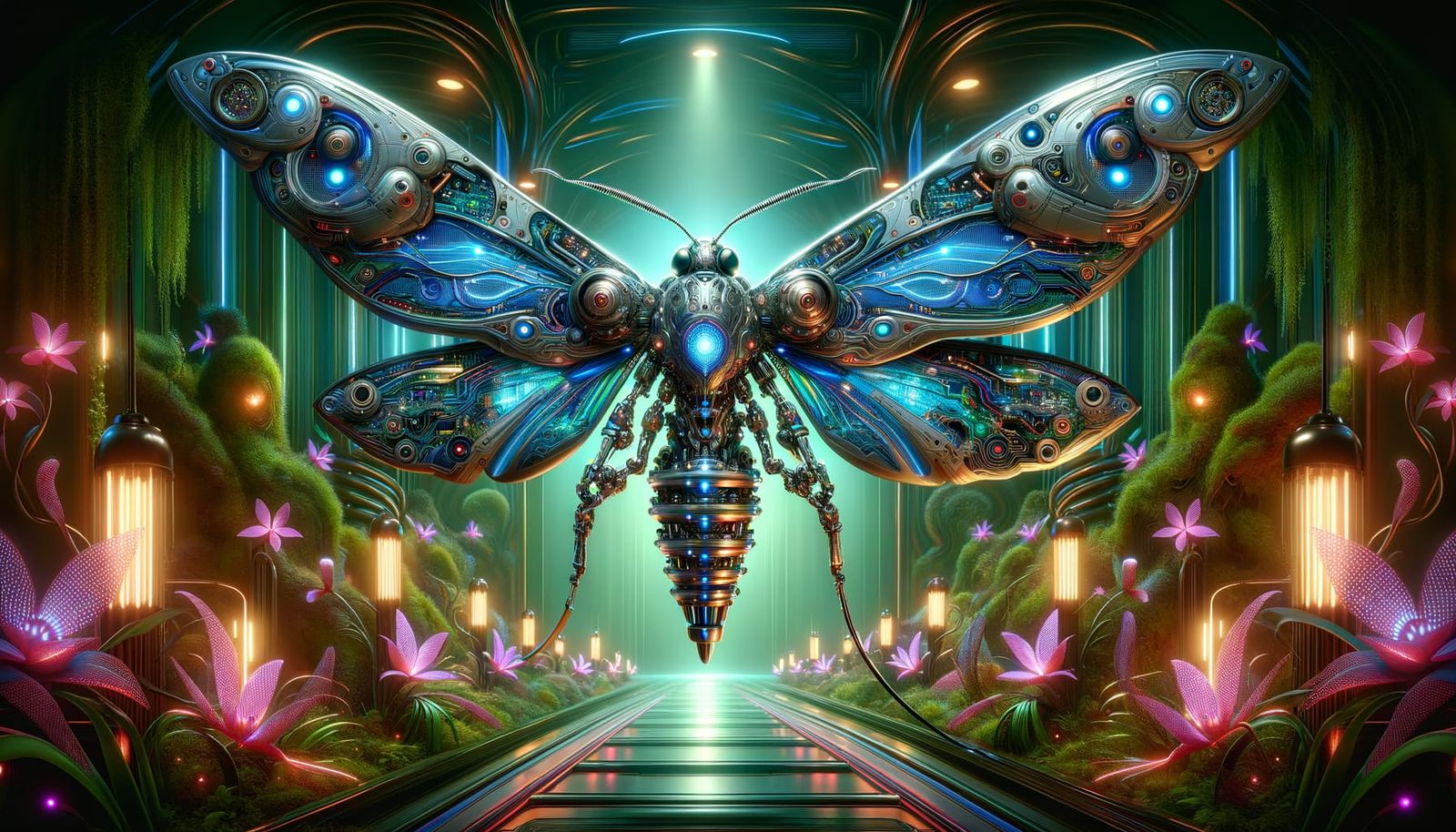 Futuristic Mecha Moth in a Neon Garden