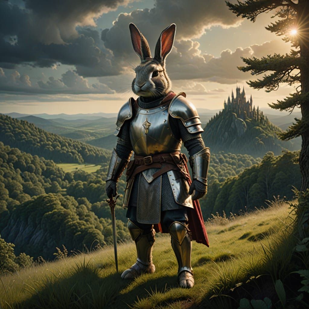 Medieval Bunny Knight Stands Vigilant in Enchanted Forest