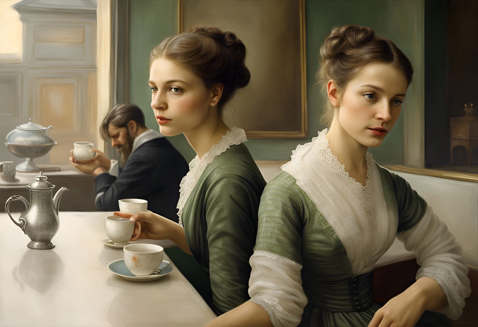 Elegant Women Enjoying Tea: Photorealistic Portrait
