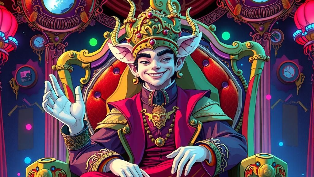 Laughing Deity on Techno Throne in Futuristic Style