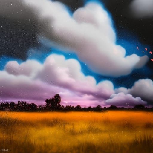 Dramatic Cloudy Starry Sky in Graffiti Art Style