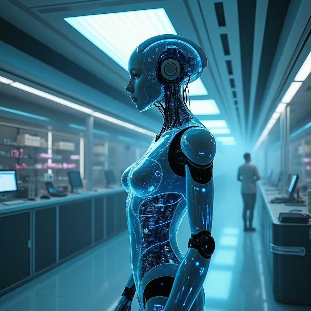 Futuristic AI Robot in Neon Laboratory