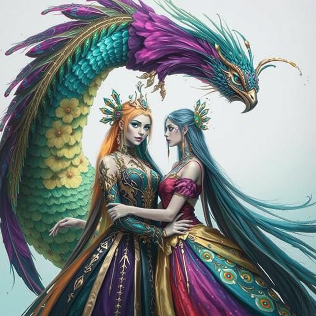 Woman with Silver Skin and Dragon Peacock Feathers