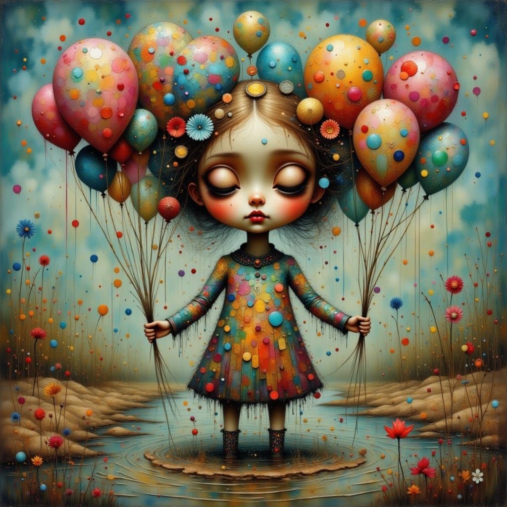 Surreal Woman Trapped in Mud with Balloons