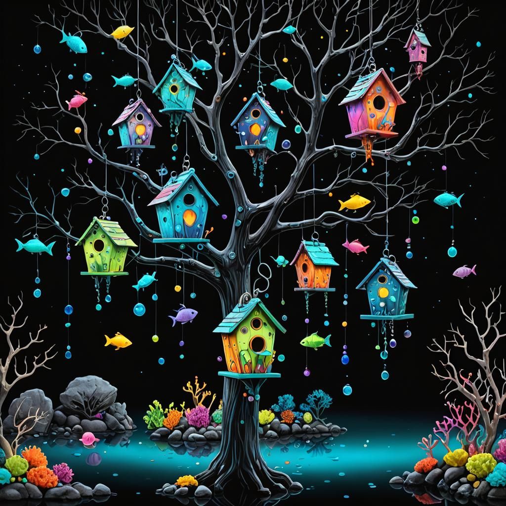 Bioluminescent Fish in Underwater Birdhouses