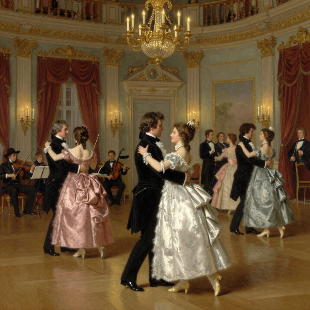 Regency Era Ballroom Dance in Classical Oil Painting Style