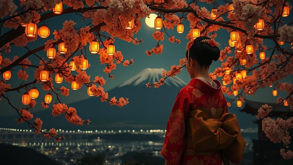 Surreal Geisha and Mount Fuji Scene in Soft, Muted Colors