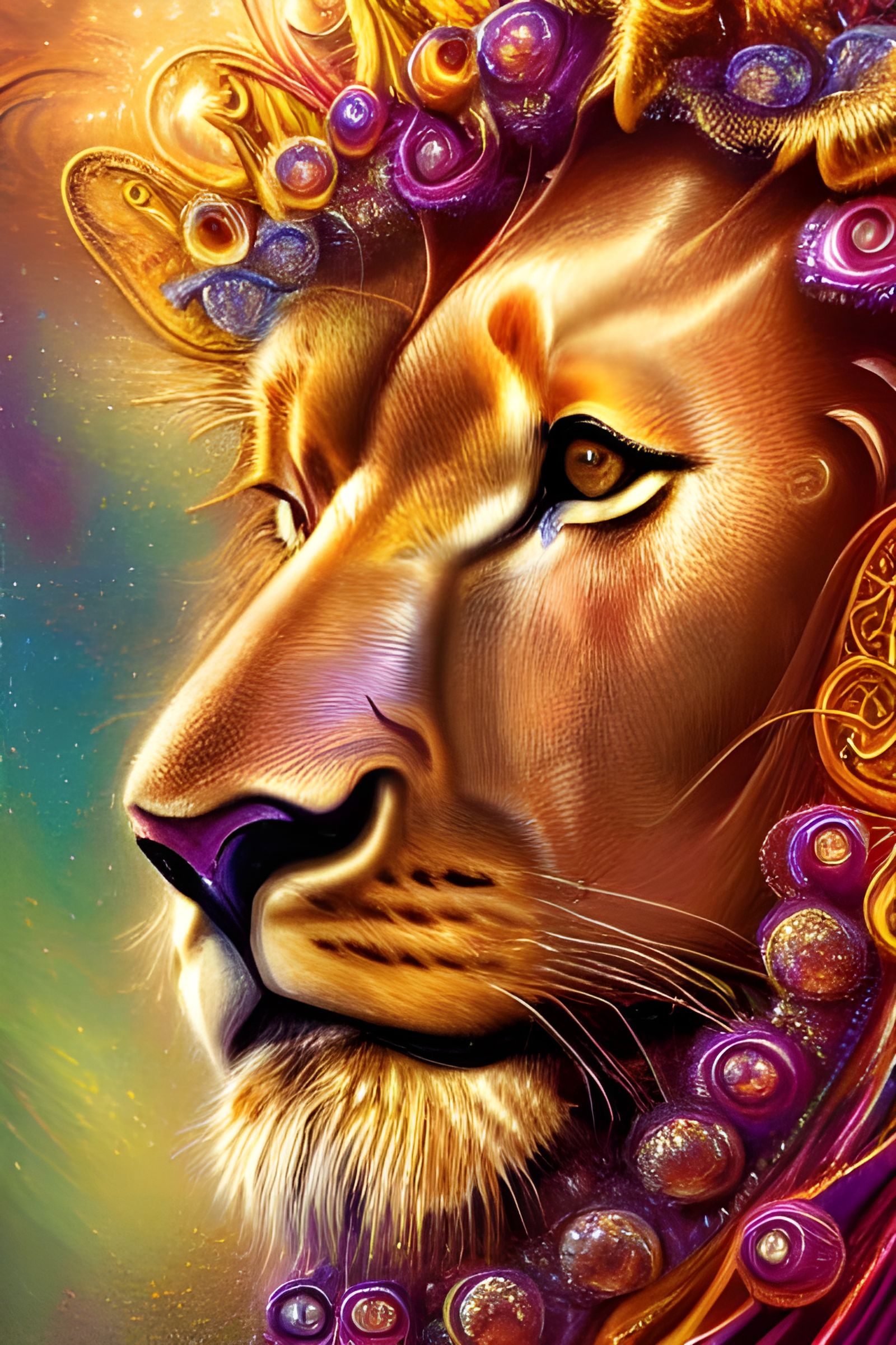 Glittering Gold Fractal Lion Digital Painting