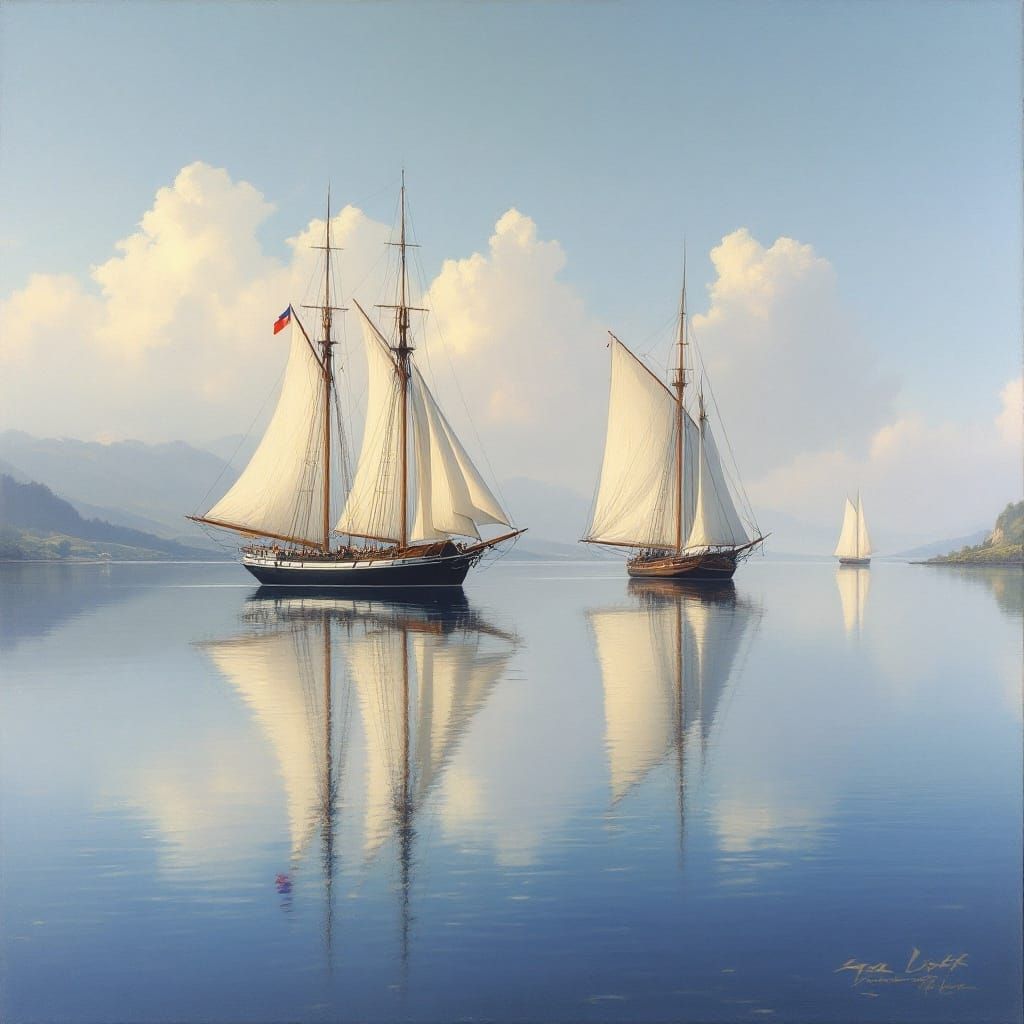 Serenely Sailing Vessels on Glassy Waters