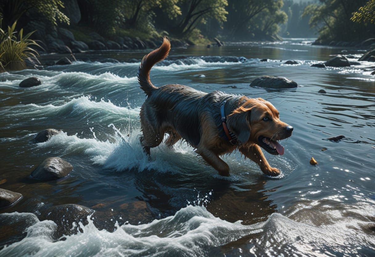 Dog Cooling Off in River: Detailed Matte Painting