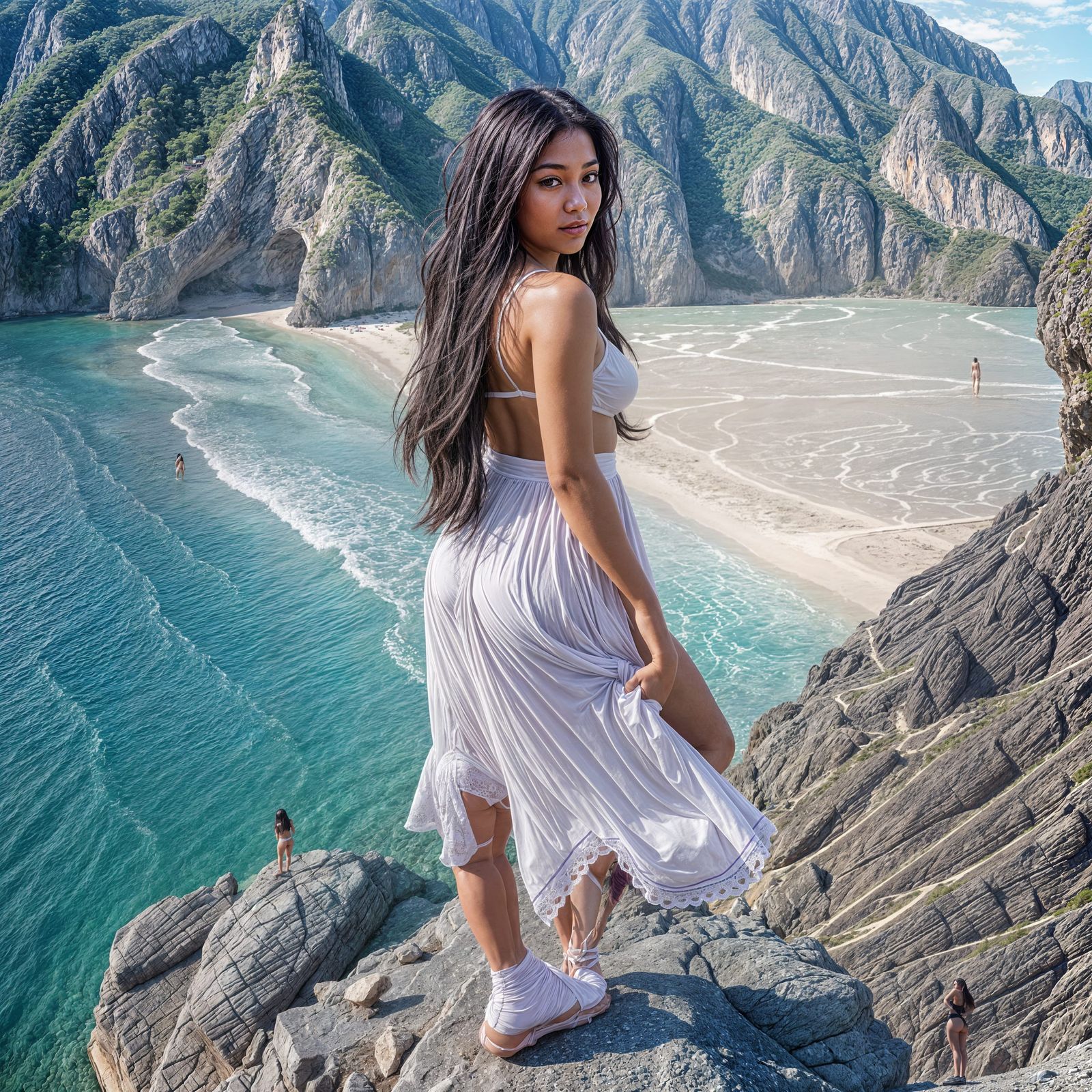 Filipina Woman on Secluded Beach with Purple Hair