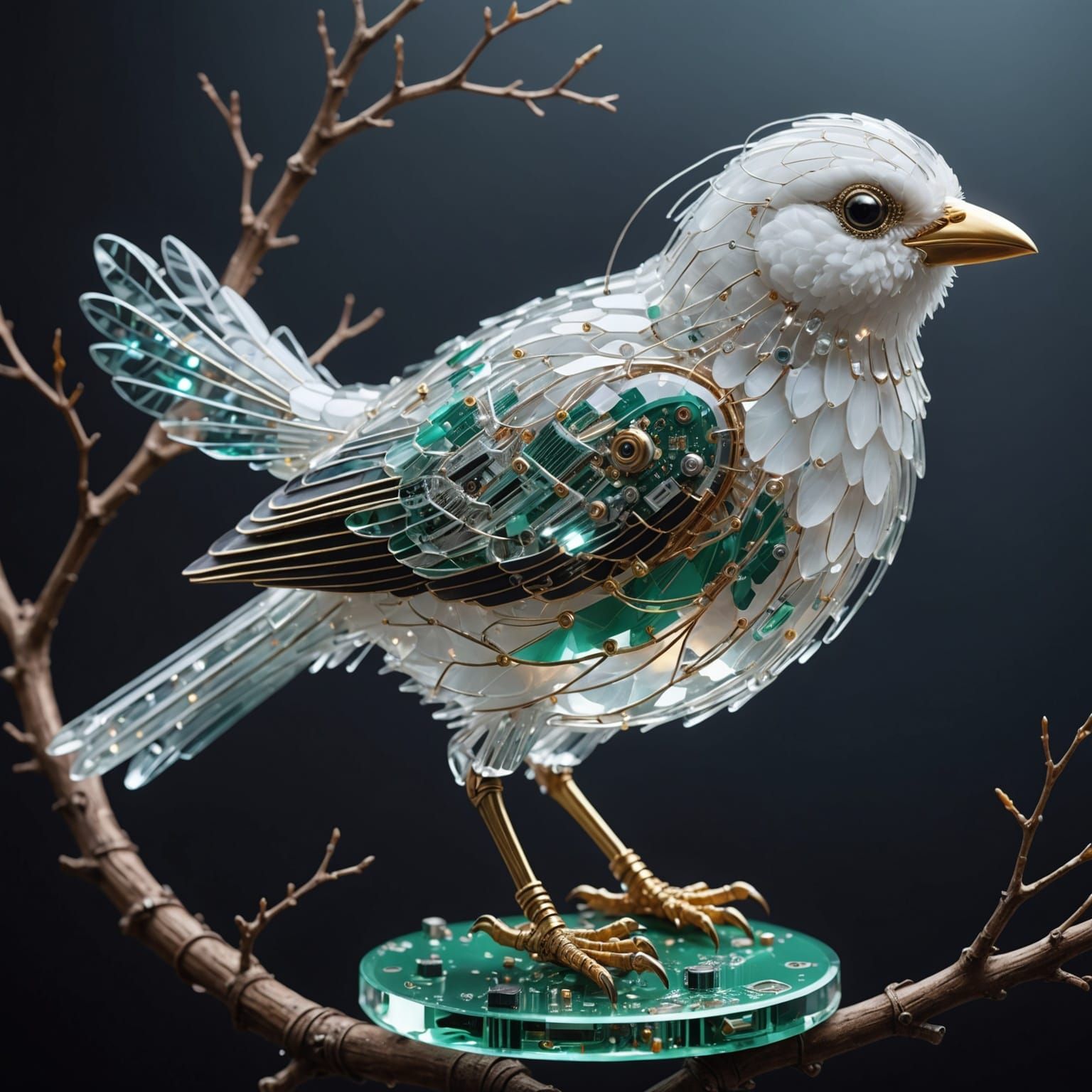 Hyperrealistic Circuit Board Bird on Branch