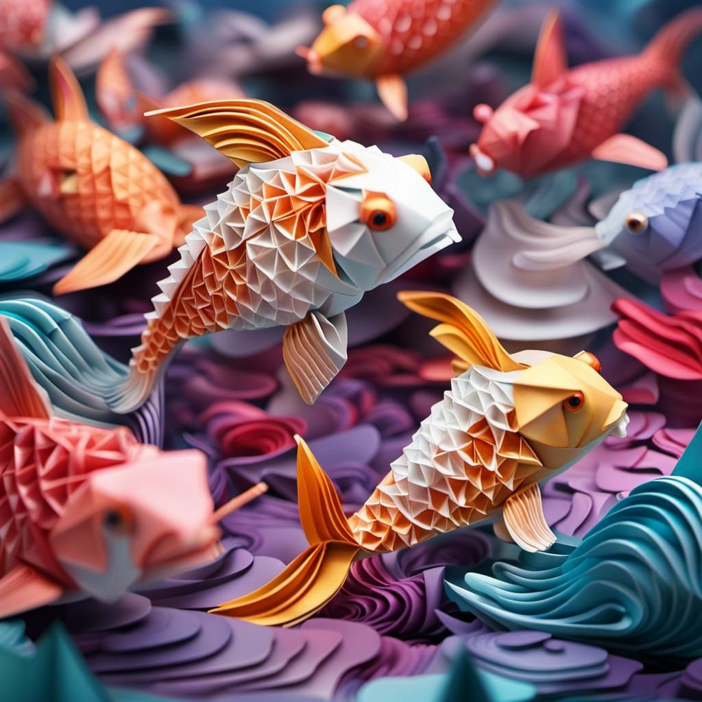 Colorful Origami Koi Fish in Ethereal Fantasy Style