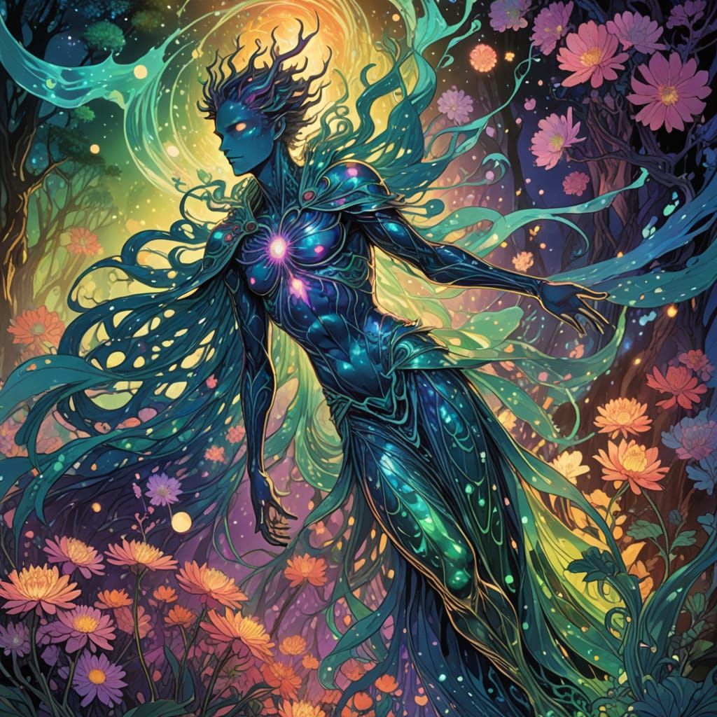 Divine Astral Figure Amidst Blooming Bioluminescent Forest