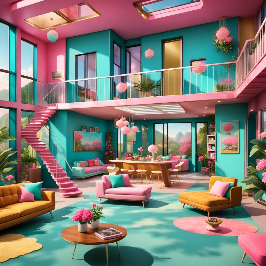 Pink Barbie Dream House in Matte Painting Style