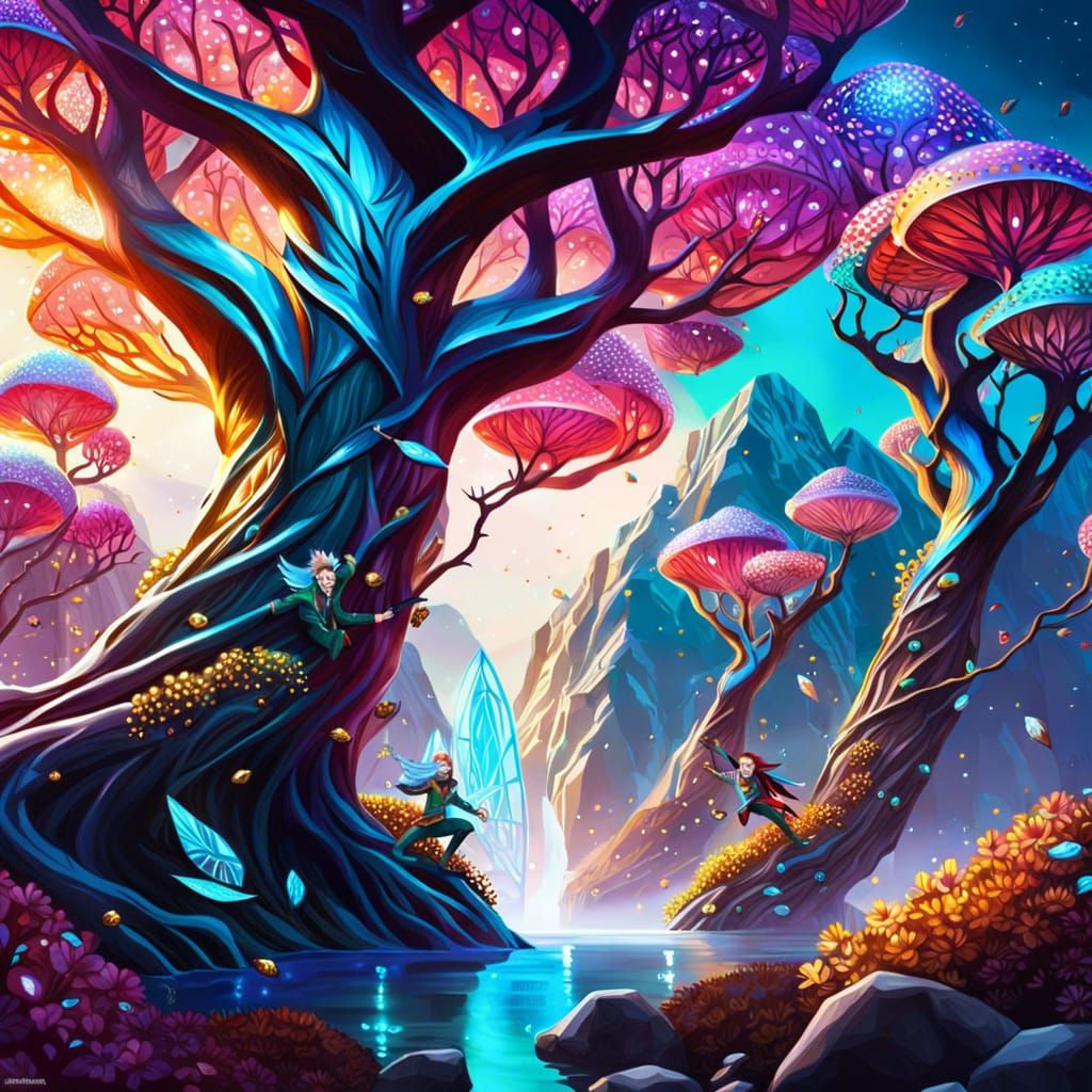 Elves Fly Through Diamond Tree Forest: Hyperrealistic Art