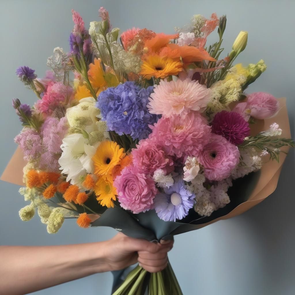 Colorful Bouquet Offered to Viewer: Lifelike Rendering