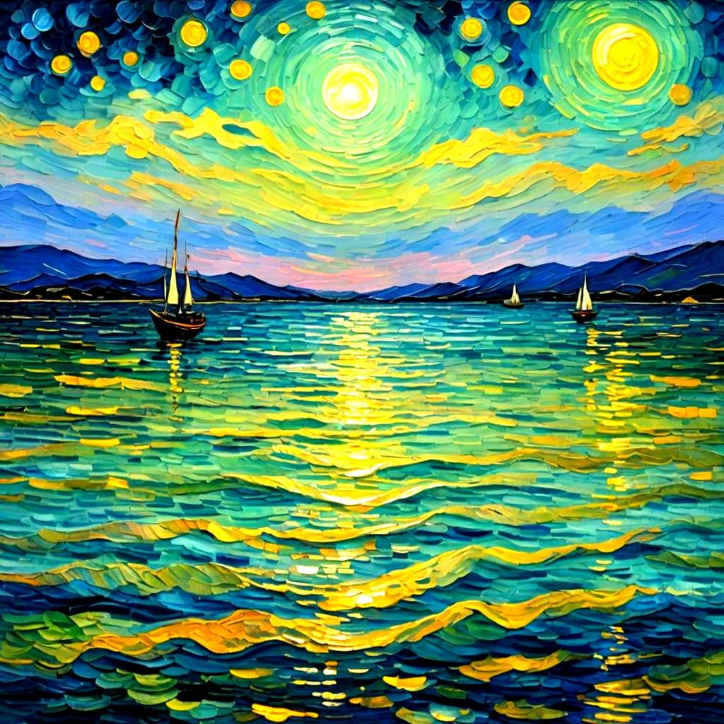 Moonlit Sea: Van Gogh-Style Iridescent Reflections