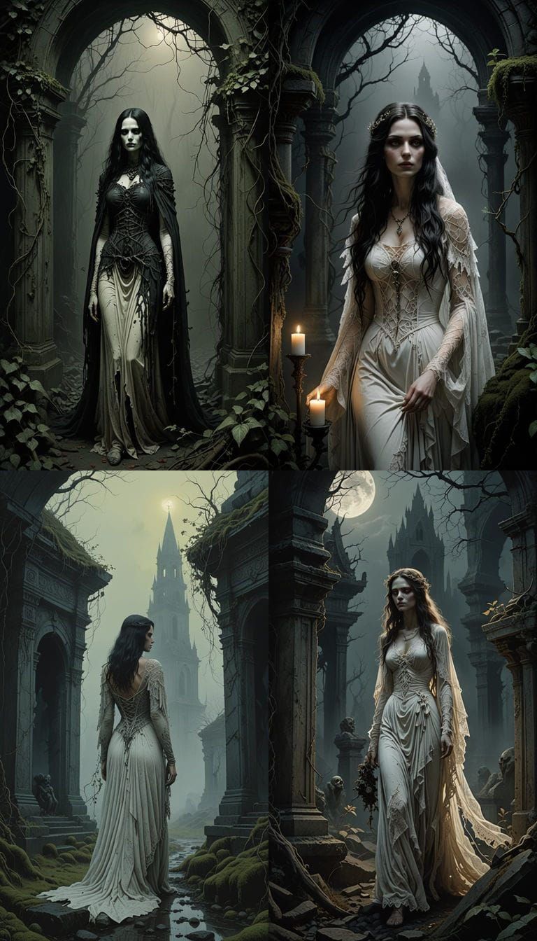 Gothic Female Necromancer Departs a Ruined Tomb