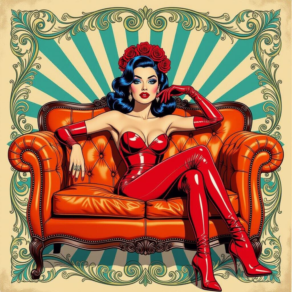 Pop Art Woman with Latex Outfit and Roses