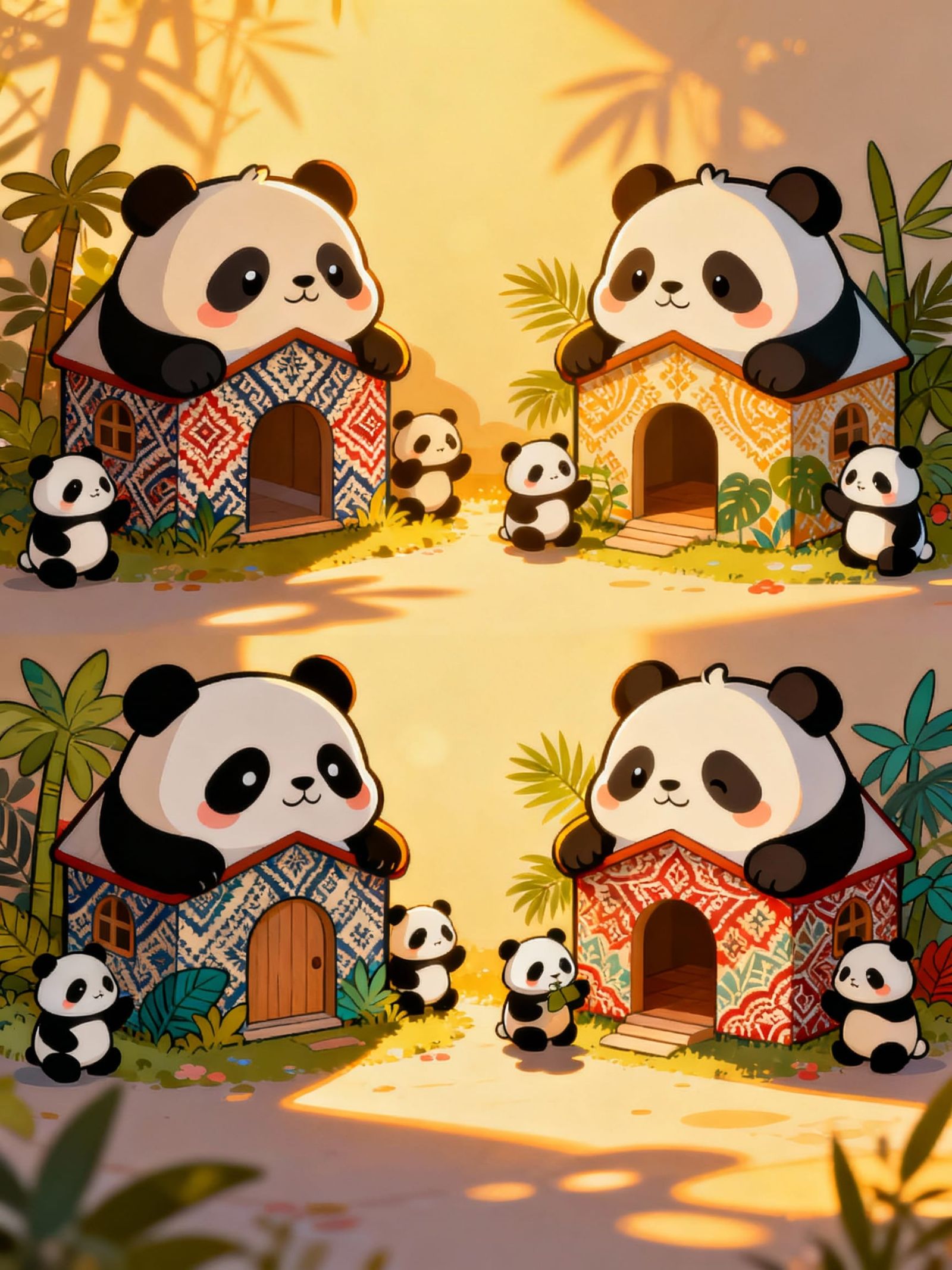 Cute Pandas in a Luminous Cartoon House