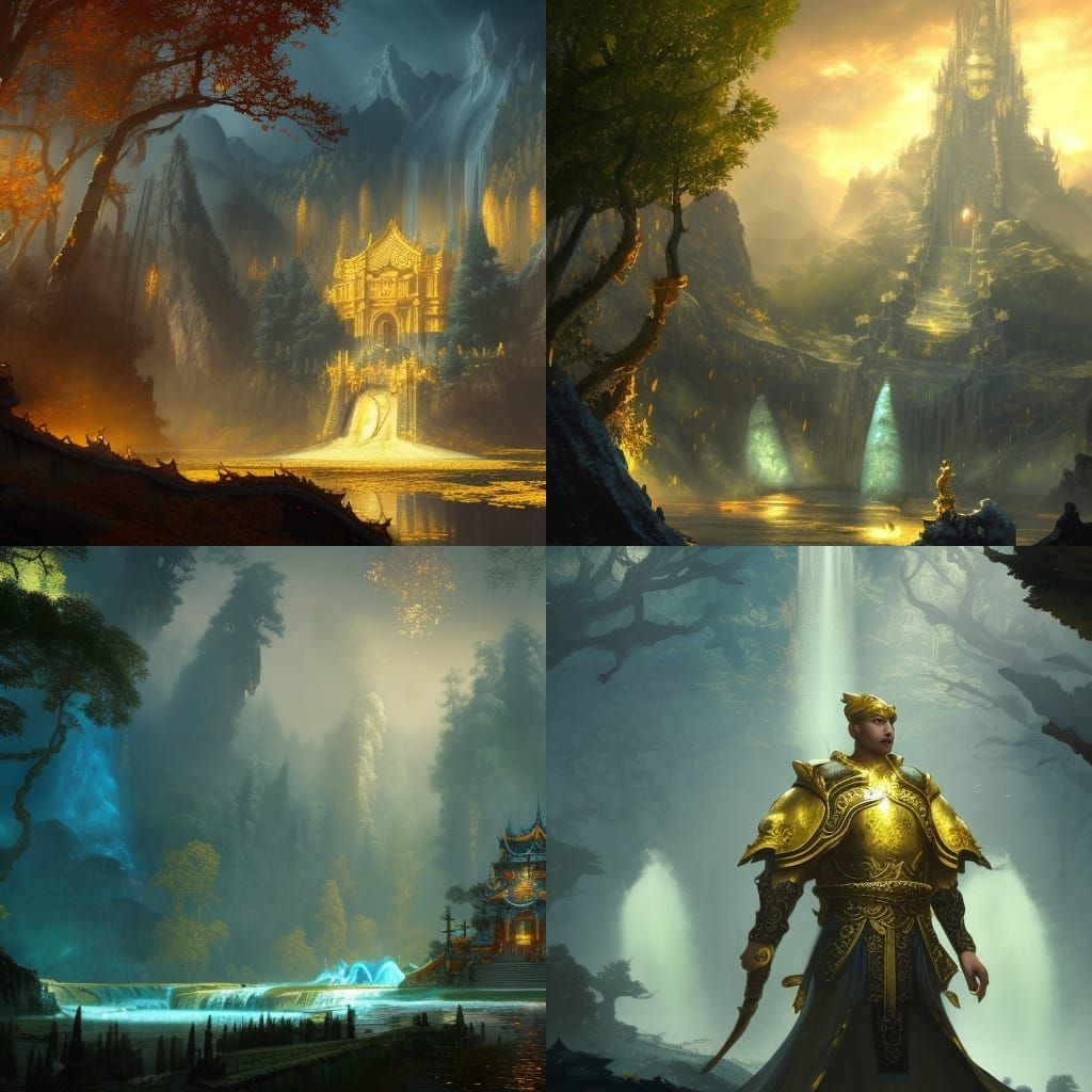Fantasy Emperor in Golden Palace with Waterfalls