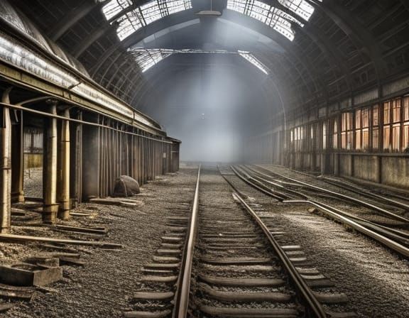 Abandoned Train Station with Beggars: Hyperrealistic HDR