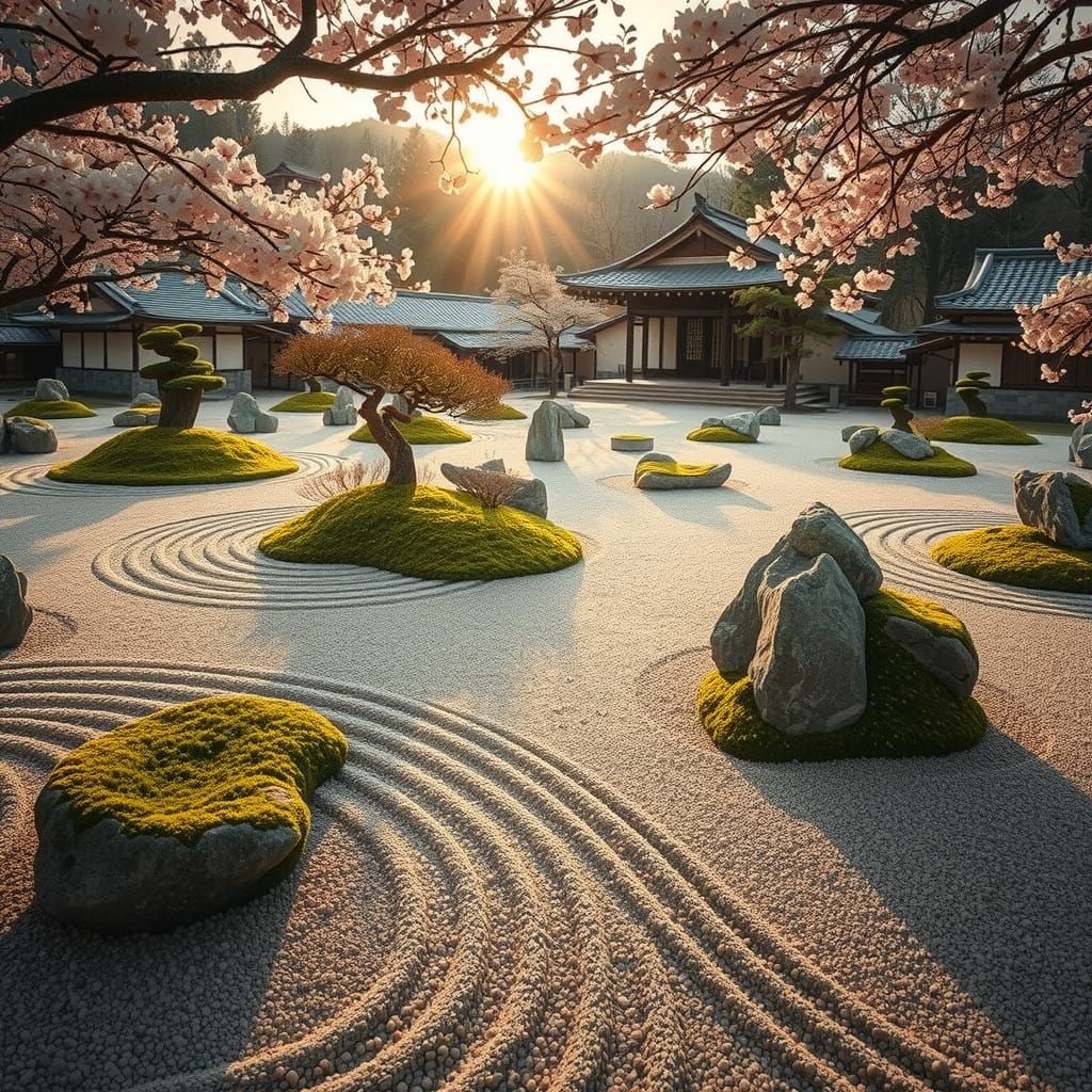 Japanese Zen Garden at Sunrise in Serene Morning Light