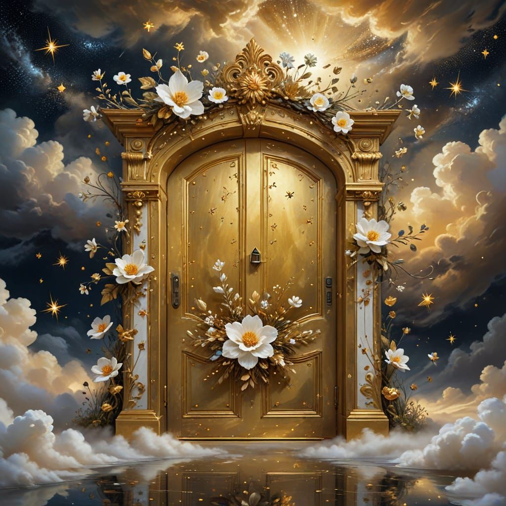Golden Door in Cloudy Starry Sky