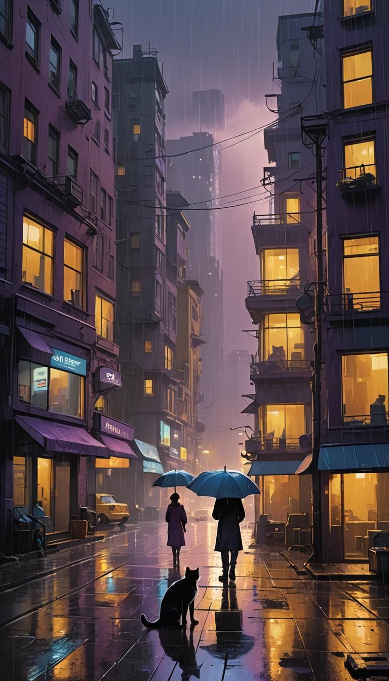 Rainy Cityscape Concept Art with Golden Lighting