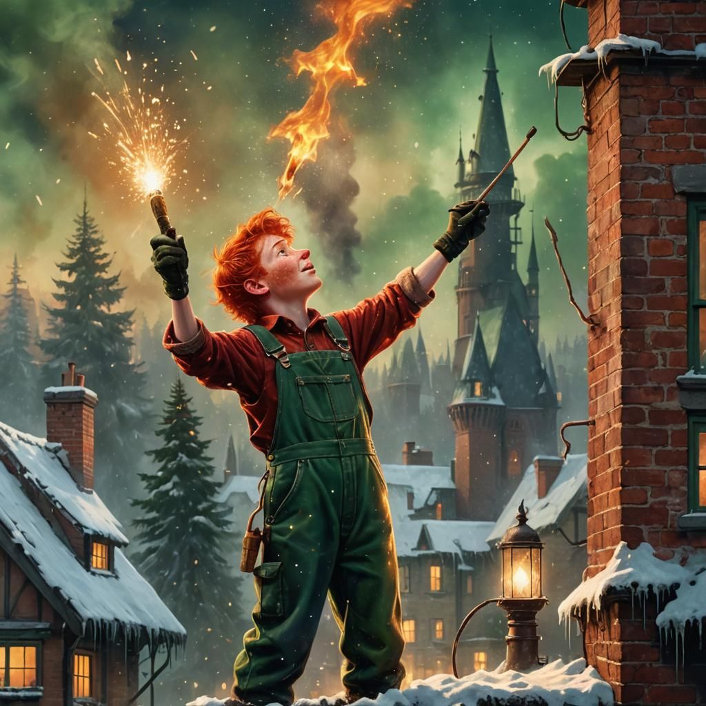 Surreal Holiday Scene with Chimney Sweep in Warm Golden Ligh...