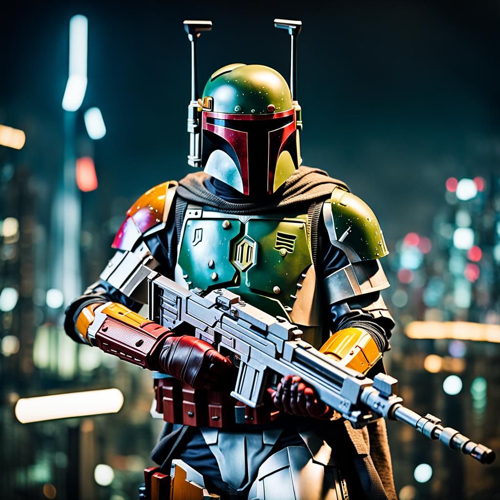 Boba Fett Close-Up in Futuristic Cityscape