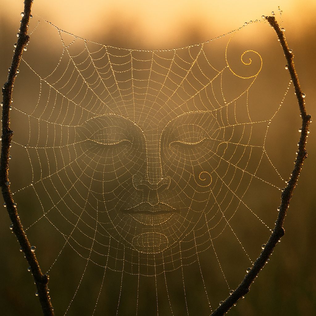 Spider Web Transformed into a Delicate Face at Dawn