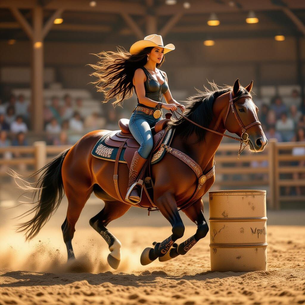 Woman Barrel Racing on Quarter Horse in Art Nouveau Style