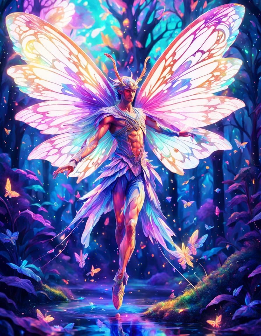 Male Moth Fairy Dances in Psychedelic Forest