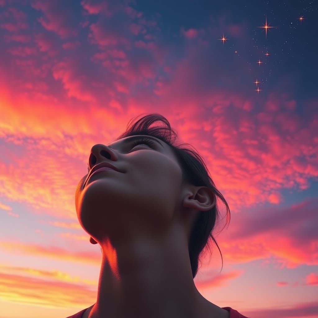 Person Gazing at Hyperrealistic Evening Sky