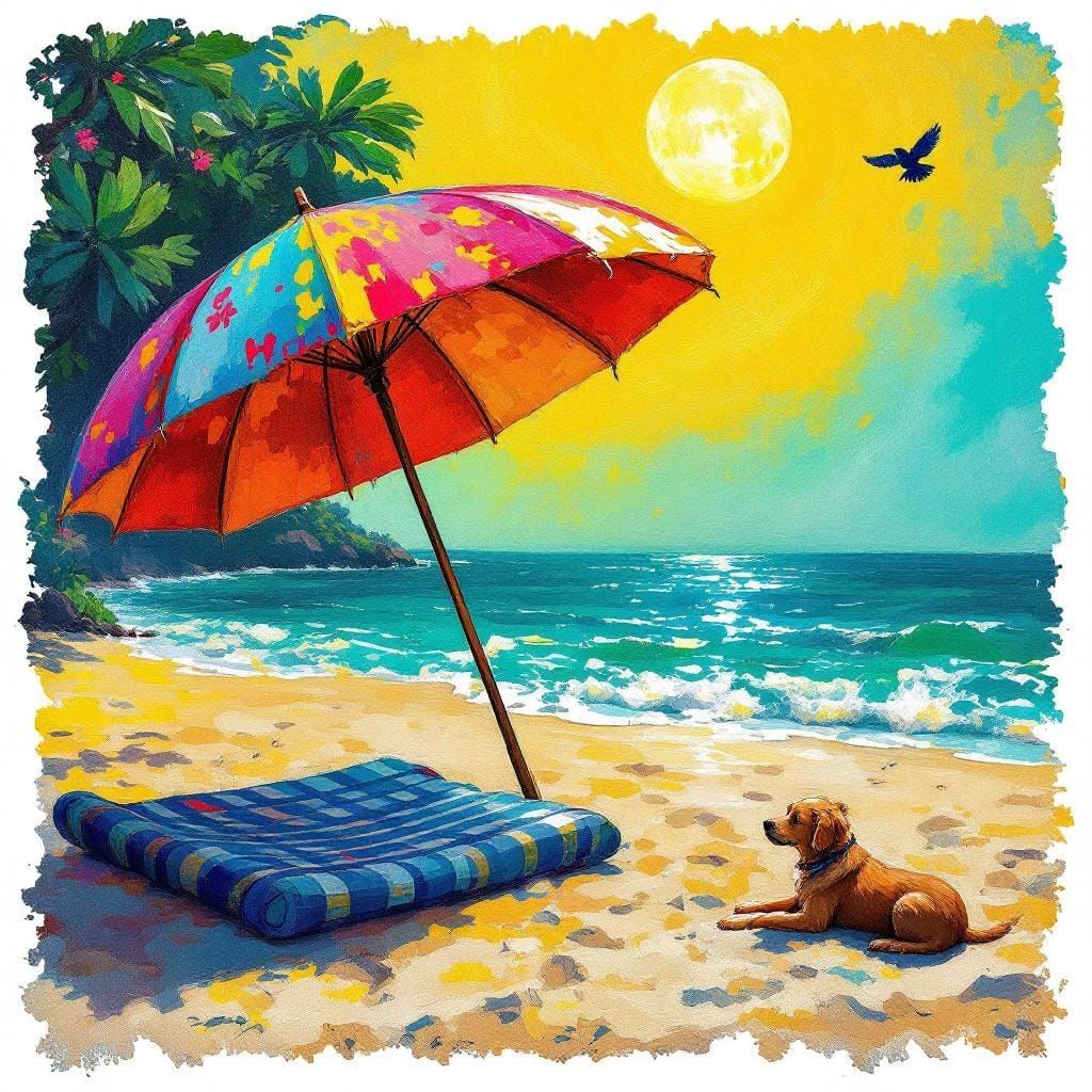 Vibrant Beach Scene with Parasol in Impasto Style