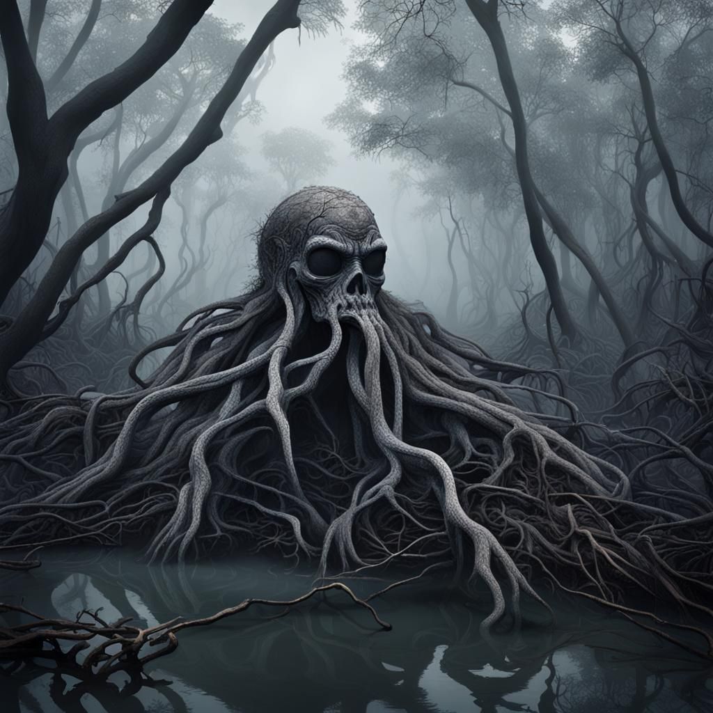 Nightmare Creature in Foggy Mangrove Forest