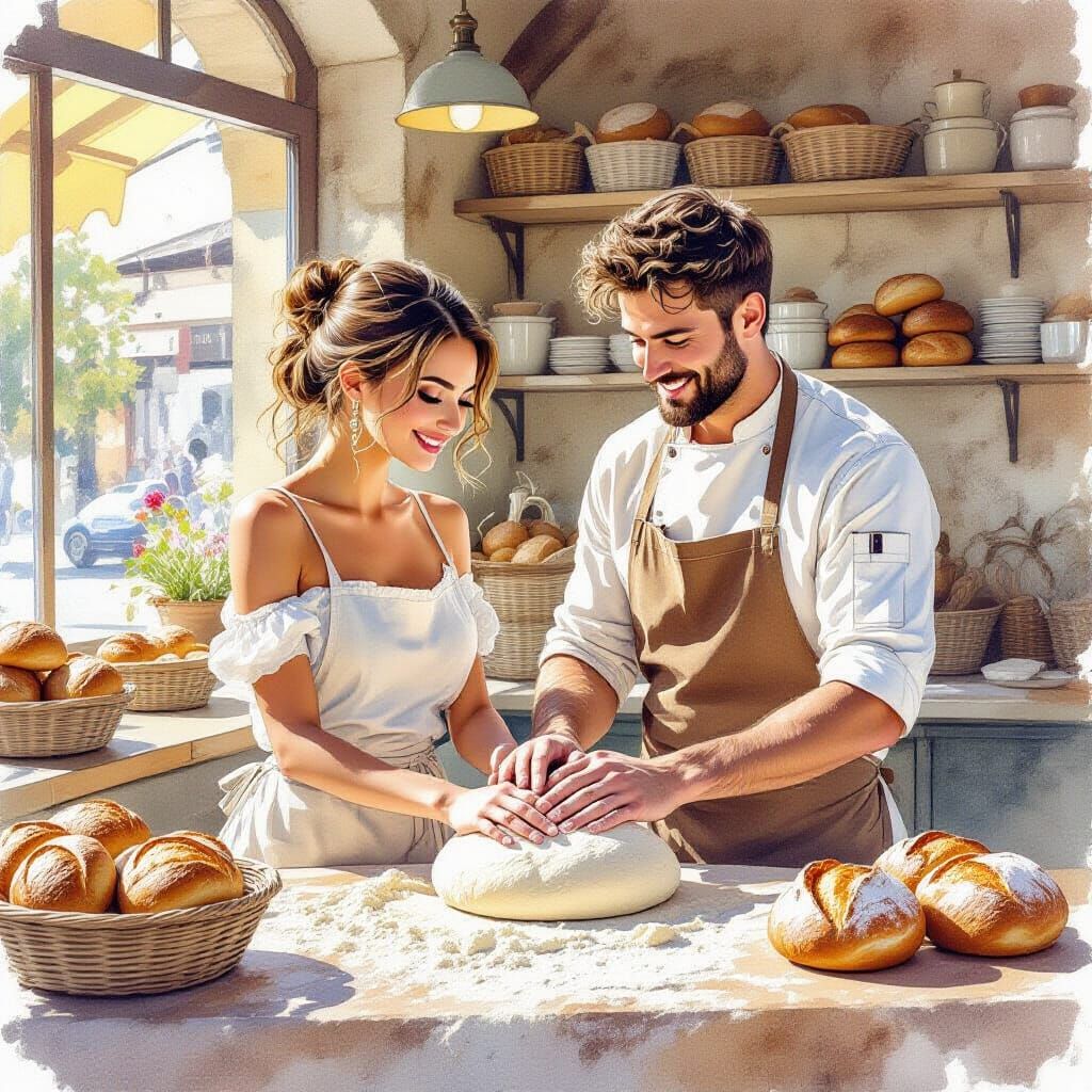 Bakers Kneading Bread: Watercolor and Ink Illustration